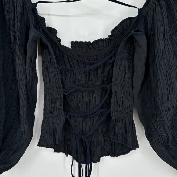 Urban Outfitters Vida Lace Up Smocked Top Ruffle Balloon Sleeve Backless Blouse - Picture 6 of 11